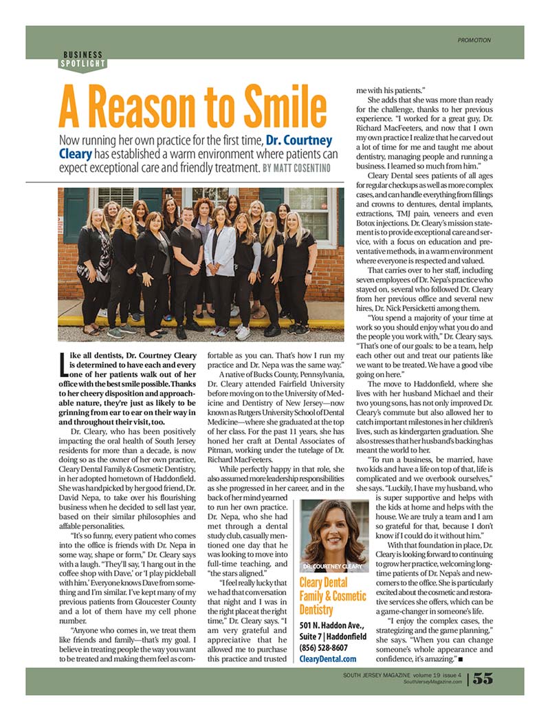 South Jersey Magazine Volume 19, Issue 4, photo of page 55 article on Dr. Courtney Cleary. 